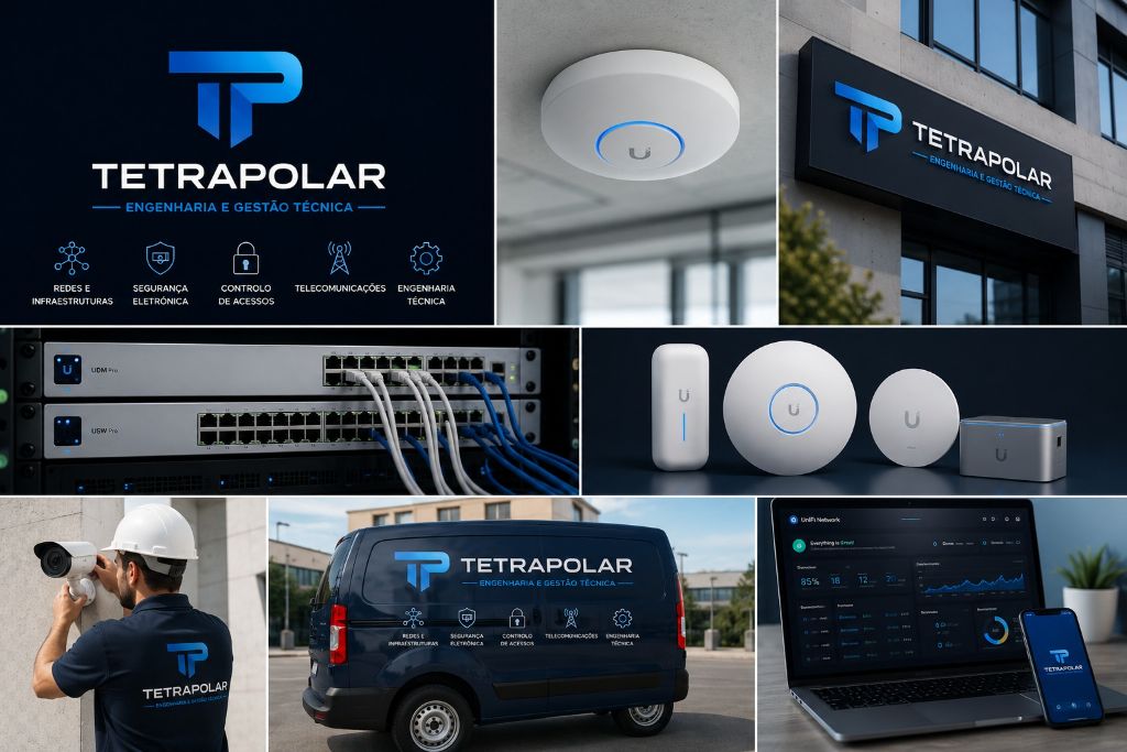 Aplicações da marca Tetrapolar em viatura, vestuário e suportes visuais